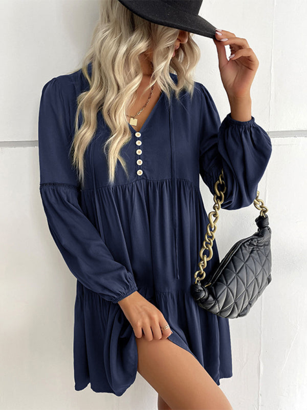 Long Sleeve Tiered Mini Dress - Navy