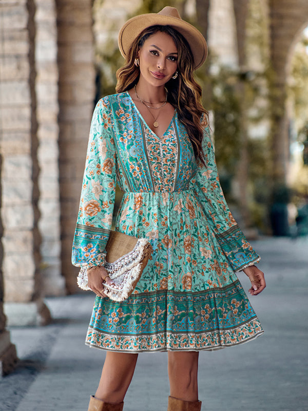 Women's V-neck printed waist long-sleeved dress