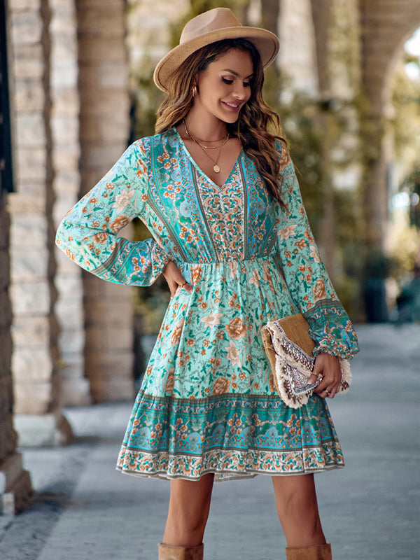 Women's V-neck printed waist long-sleeved dress