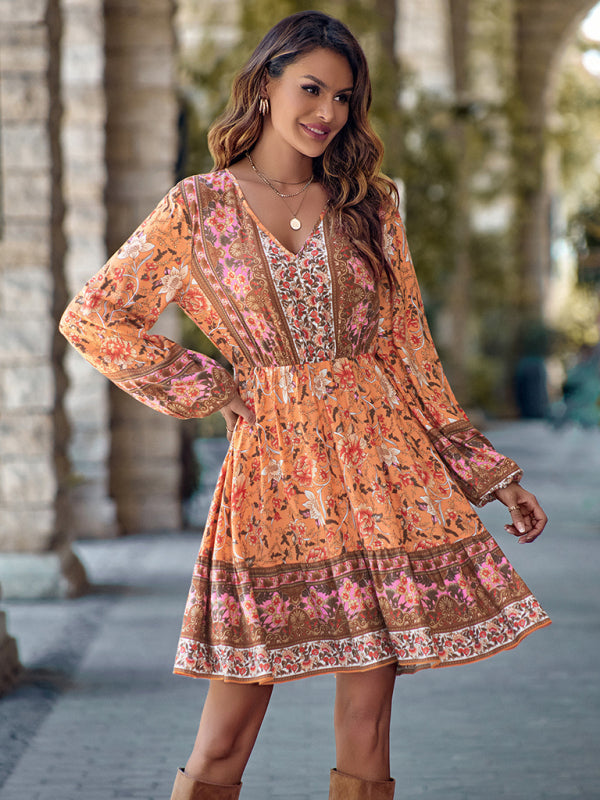 Women's V-neck printed waist long-sleeved dress