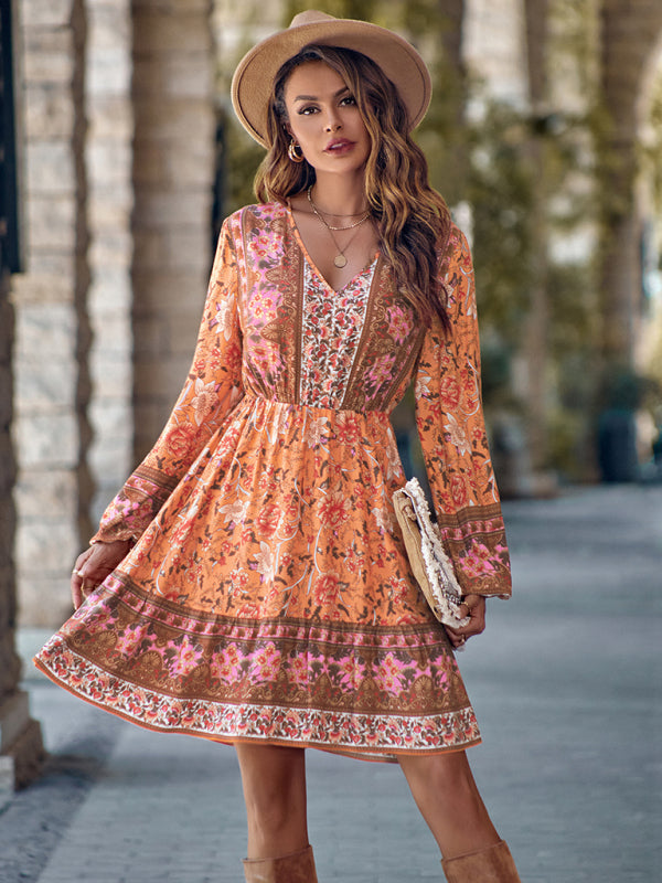 Women's V-neck printed waist long-sleeved dress