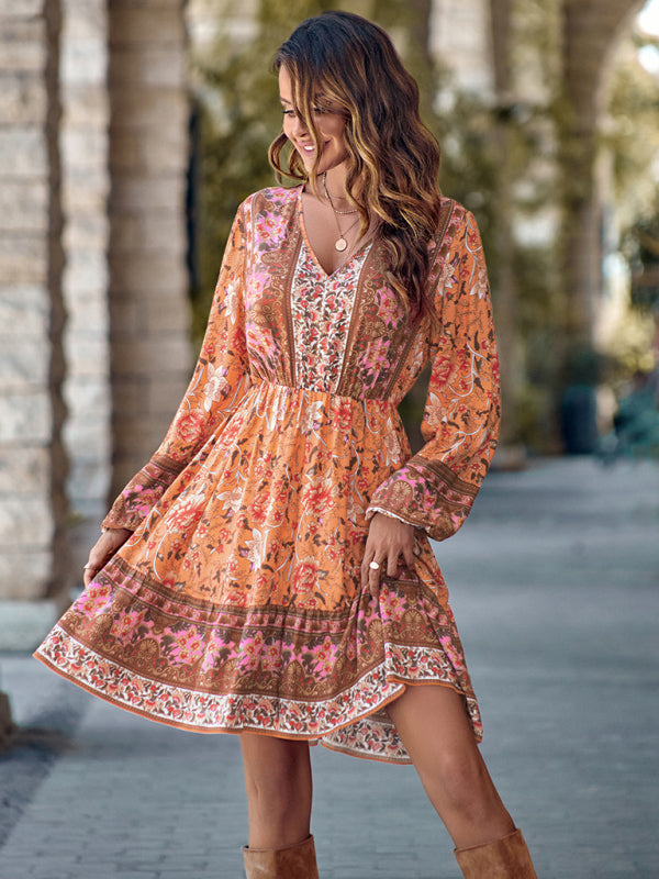 Women's V-neck printed waist long-sleeved dress