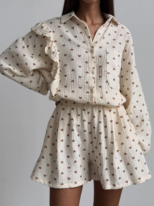 Cracker Khaki Ruffle Heart Printed Shirt & Shorts Set