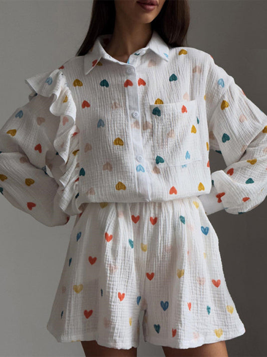 White Ruffle with Colourful Heart Printed Shirt & Shorts Set
