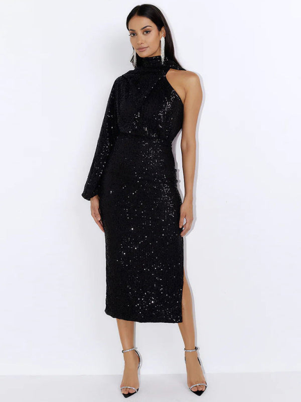 scarf slit evening dress one shoulder sequins