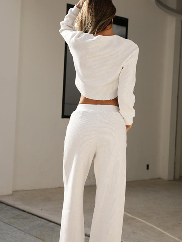 Women's two piece set round neck long sleeve wide leg pants