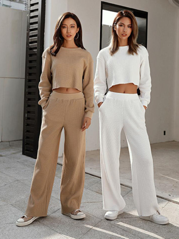 Women's two piece set round neck long sleeve wide leg pants