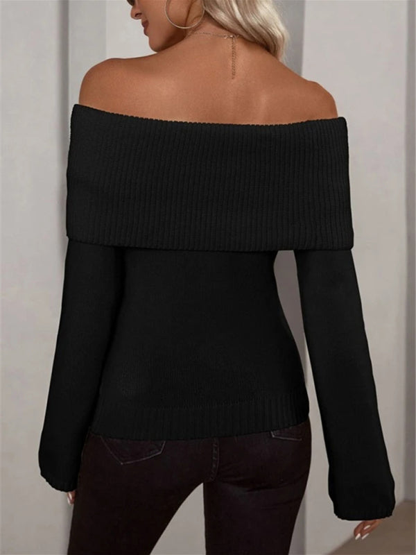 New style one-line collar slim fashion sexy knitted long-sleeved sweater