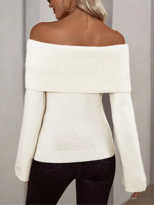 New style one-line collar slim fashion sexy knitted long-sleeved sweater