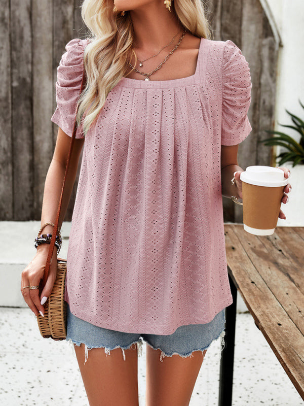 Casual solid color square neck puff sleeve shirt top