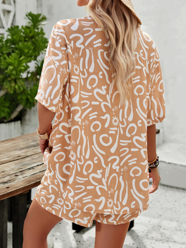 Women's Tan Swirl Print Two-Piece Shorts Set