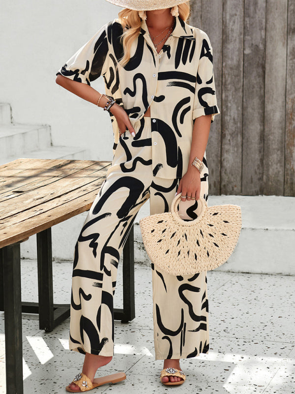 Women's Resort Style Green Leaf Print Matching Blouse & Pants Two-Piece Set