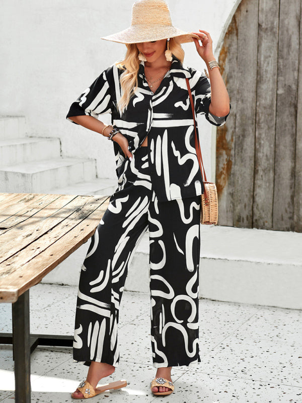 Women's Resort Style Green Leaf Print Matching Blouse & Pants Two-Piece Set