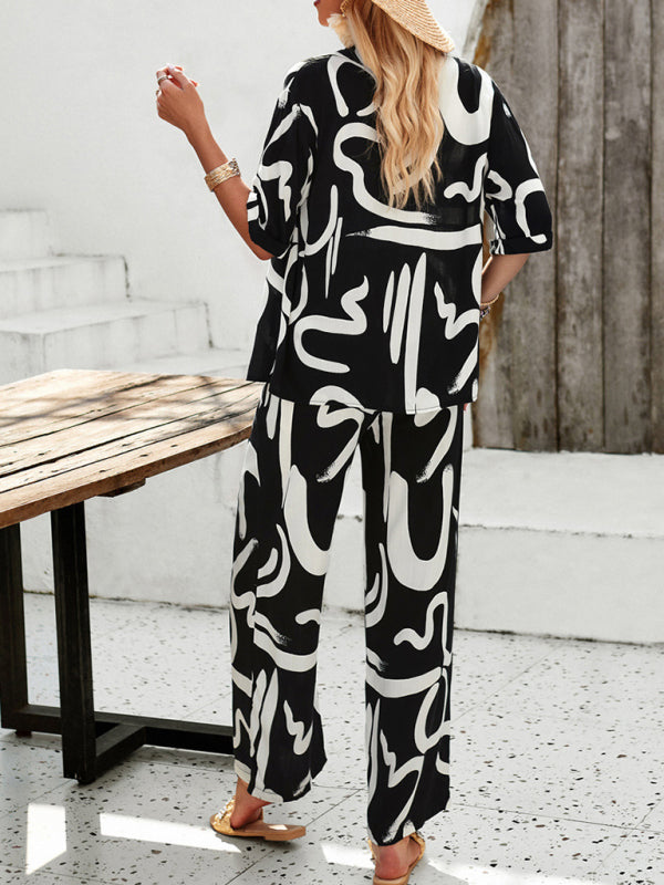 Women's Resort Style Green Leaf Print Matching Blouse & Pants Two-Piece Set