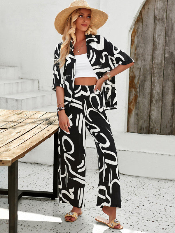 Women's Resort Style Green Leaf Print Matching Blouse & Pants Two-Piece Set