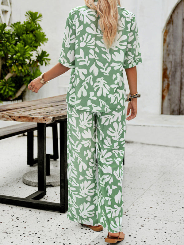 Women's Resort Style Green Leaf Print Matching Blouse & Pants Two-Piece Set