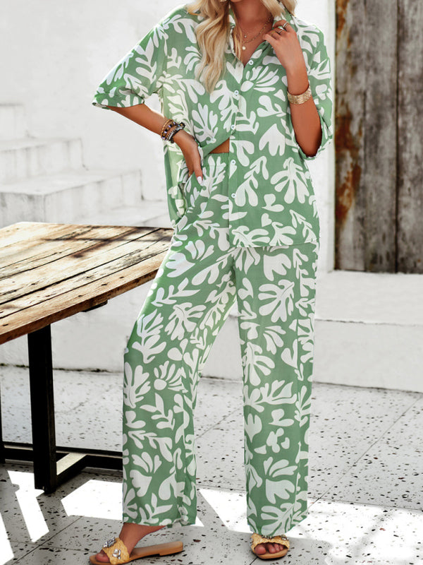 Women's Resort Style Green Leaf Print Matching Blouse & Pants Two-Piece Set