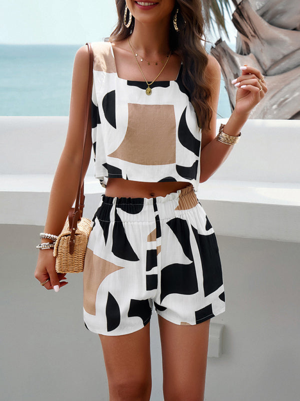 Green Leafy Print Crop Vest & Shorts Summer Set