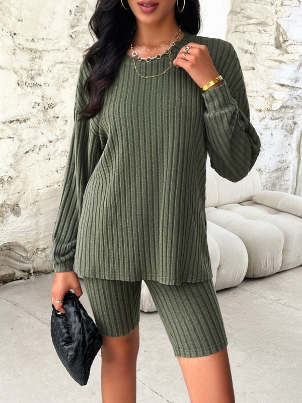 Casual Long Sleeve Top + Mid Length Tights - Black