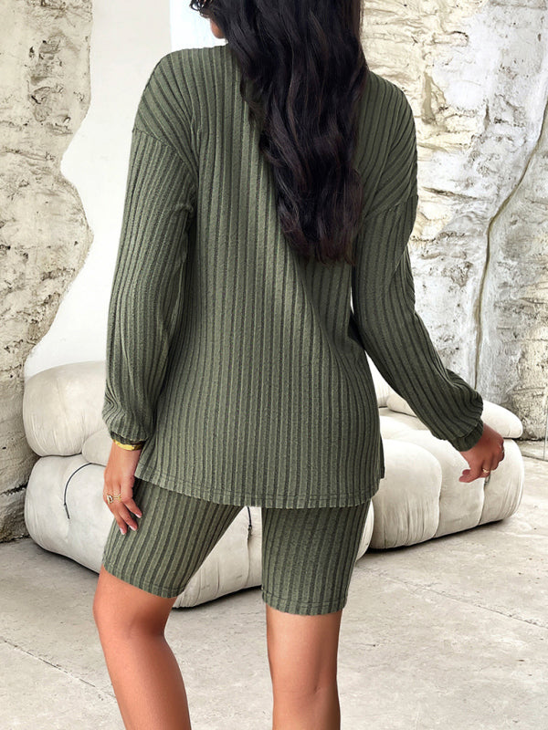 Casual Long Sleeve Top + Mid Length Tights - Black