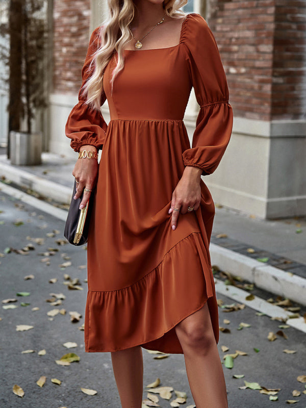 Women's Elegant Solid Color Square Neck Long Sleeve Dress