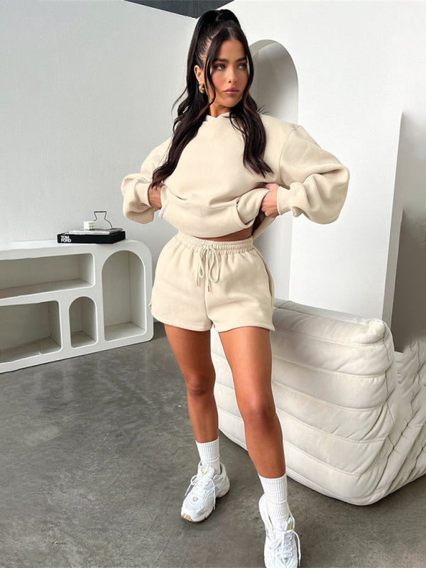 Women's new fashion loose solid color sweatshirt shorts set