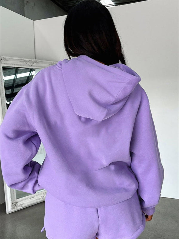 Women's new fashion loose solid color sweatshirt shorts set