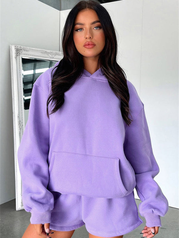 Women's new fashion loose solid color sweatshirt shorts set