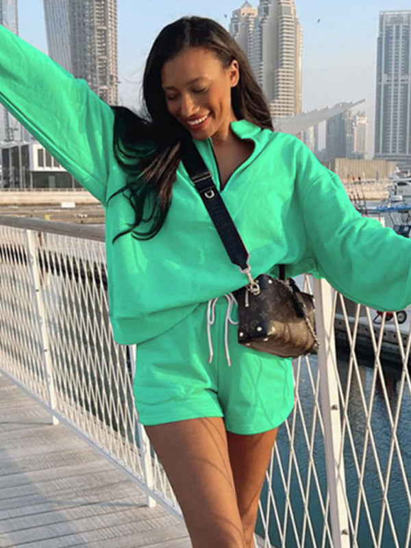 Pullover Long Sleeve Sweatshirt Shorts Set