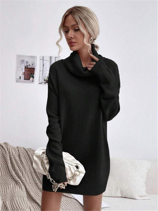 Women's new solid color loose turtleneck knitted sweater dress