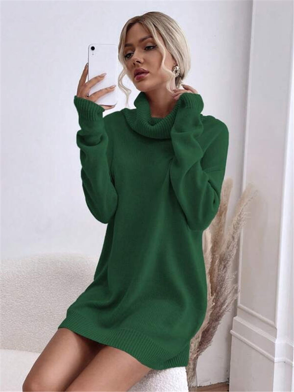 Women's new solid color loose turtleneck knitted sweater dress