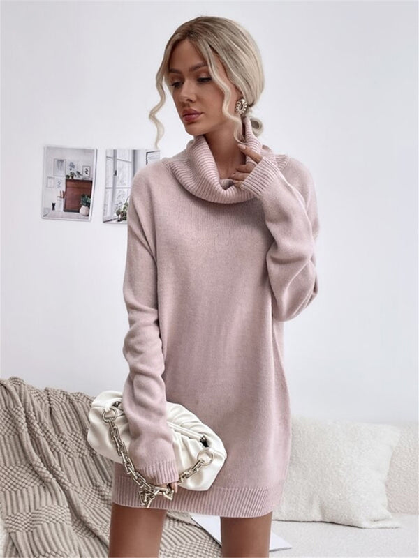 Women's new solid color loose turtleneck knitted sweater dress