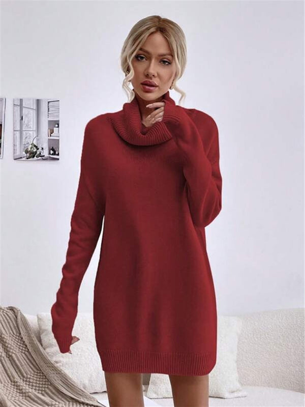 Women's new solid color loose turtleneck knitted sweater dress