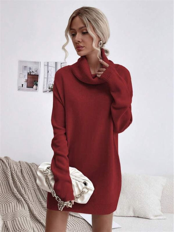 Women's new solid color loose turtleneck knitted sweater dress