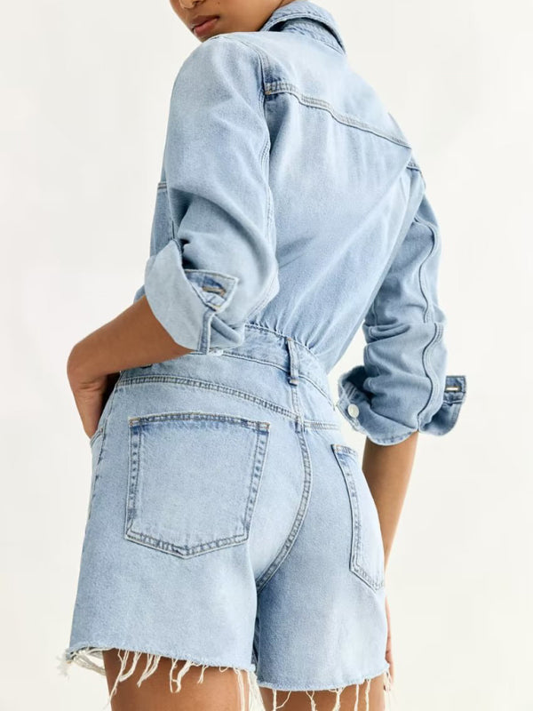 Denim Short Long Sleeve Lapel Women's Jumpsuit