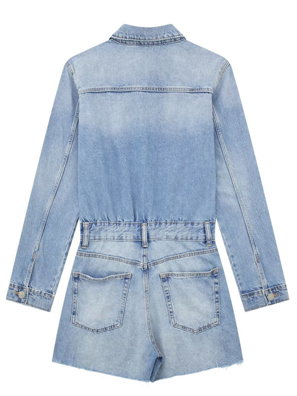 Denim Short Long Sleeve Lapel Women's Jumpsuit