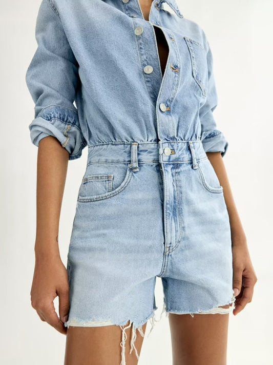 Denim Short Long Sleeve Lapel Women's Jumpsuit