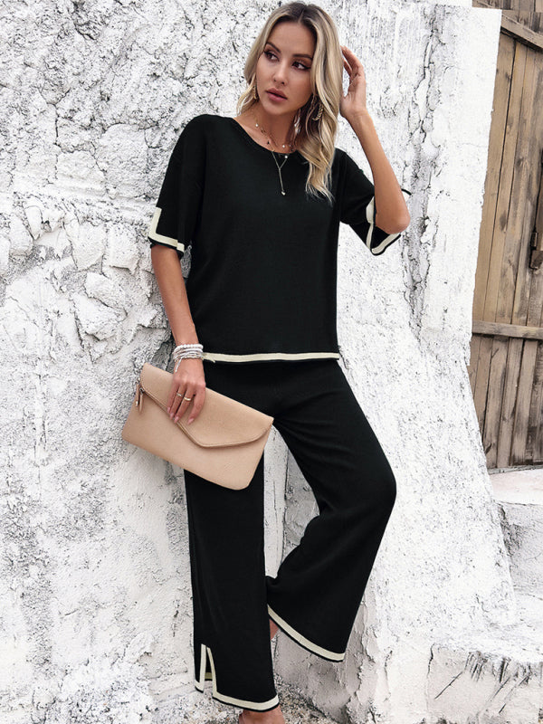 Color-blocked Short-Sleeved Top & Trouser Set - Cracker Khaki