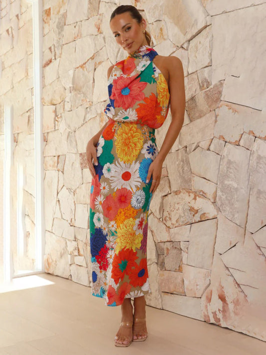 New holiday style fashion printed halter neck sleeveless waist dress