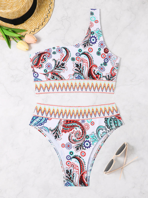 New fashion printed elastic knitted one-shoulder split triangle bikini