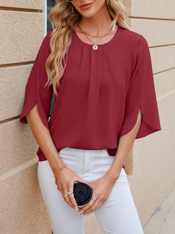 Women's New Round Neck Quarter Sleeve Loose Chiffon Shirt Top