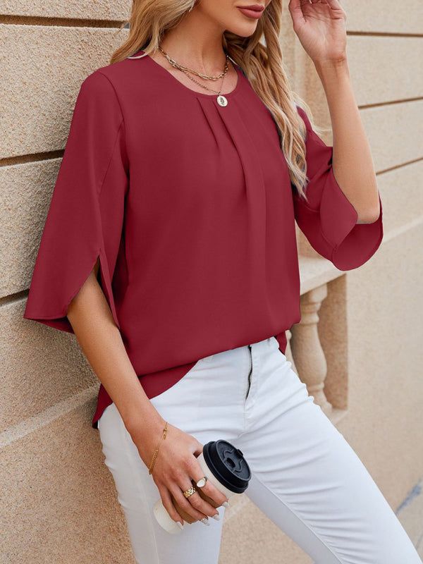 Women's New Round Neck Quarter Sleeve Loose Chiffon Shirt Top