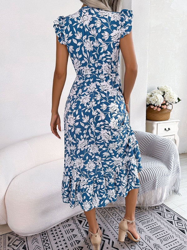 Women's printed V-neck floral waistband holiday dress