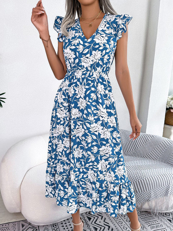 Women's printed V-neck floral waistband holiday dress