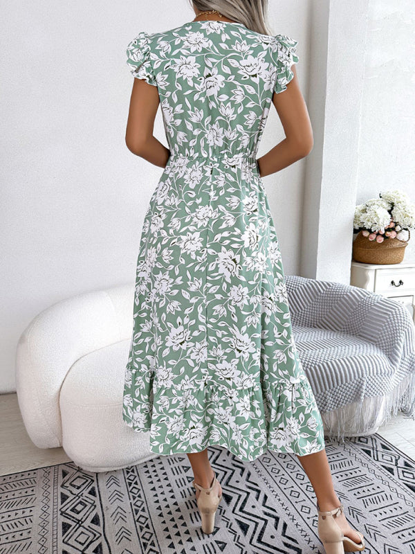 Women's printed V-neck floral waistband holiday dress