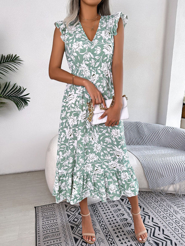 Women's printed V-neck floral waistband holiday dress