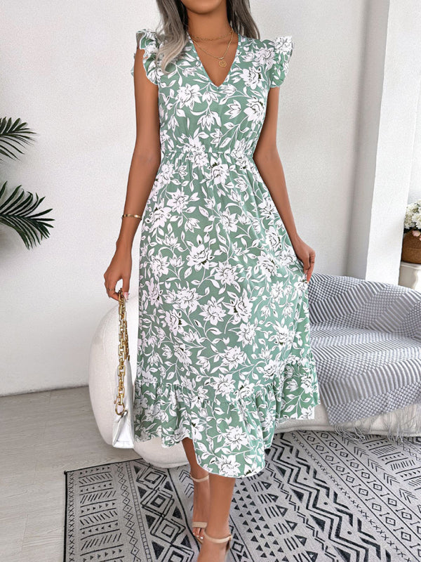 Women's printed V-neck floral waistband holiday dress