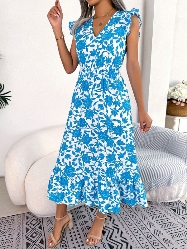 Women's printed V-neck floral waistband holiday dress