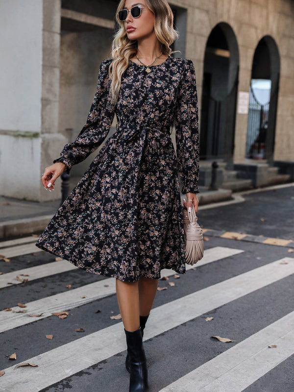 Women's Elegant Round Neck Floral Belt Dress