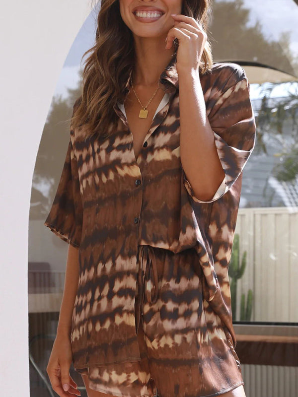 Holiday Printed Buttoned Top + Shorts Set - Cracker Khaki